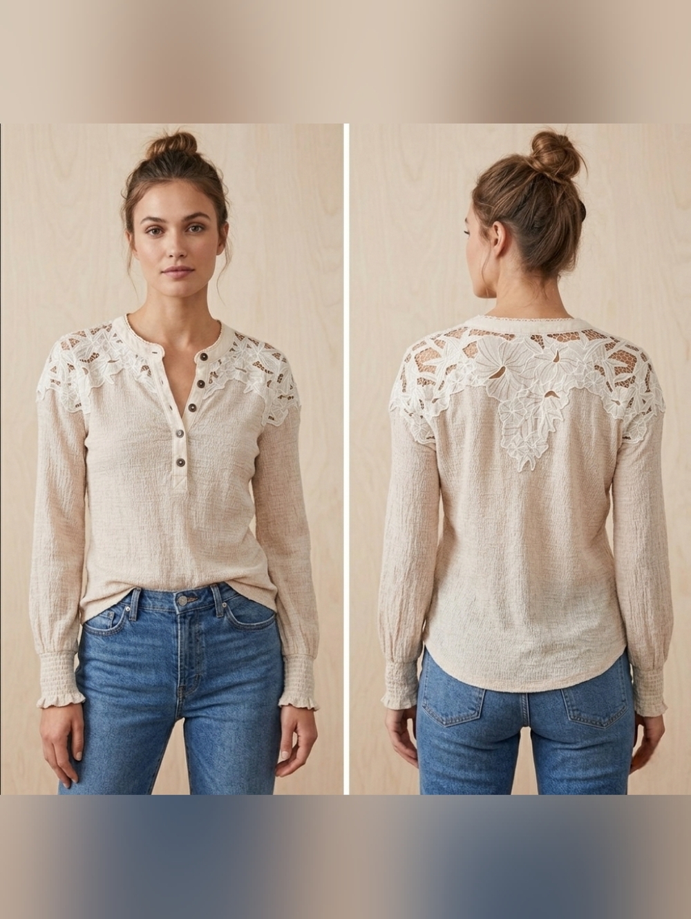 Free People We The Free Ivory Crochet Lace Yoke Thermal Henley Top Size S